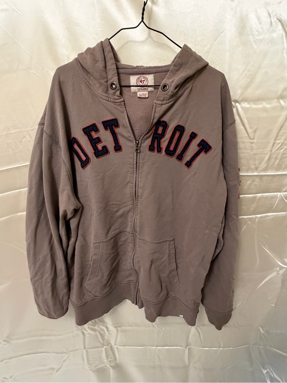 47 Brand Taupe Zip Hoodie with Navy & Red Detroit Applique
